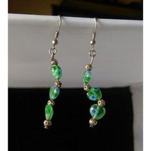 Vintage Green Millefiori Glass Dangle Heart Earrings - $12.99