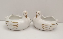 Vintage 2 Swan Figurine Ceramic Lady&#39;s Ashtray Shabby Chic Floral Forget Me Nots - £23.34 GBP