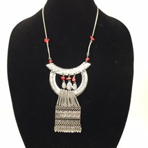 Tribal Style Red Stone Silver Tone Necklace 23&quot; Drop Bib with dangles - £12.79 GBP