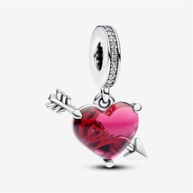 Sterling Silver Pandora Red Heart Arrow Murano Glass Dangle Charm,Gift For Her - £11.27 GBP