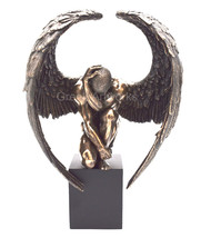 Winged Nude Male Angel Sitting on Plinth Bronze Finish Statue Sculpture Figure - $112.11