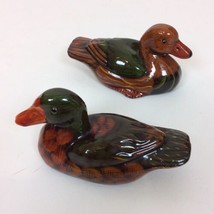 Set Two Enesco Small Ceramic Glazed Duck Figurines Brown Green Red 5&quot; L Vintage - £11.76 GBP