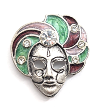 Venetian Masquerade Mask Carnival Mardi Gras Rhinestone Silver Tone Enamel Pin - £10.46 GBP