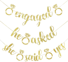 Engagement Party Banners Glitter Gold Letters He Asked She Said Yes Garl... - £15.39 GBP