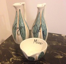 3 Pc Funky MCM Ceramic  Oil &amp; Vinegar Cruet Bottle Set &amp; Mixer Cup Retro 1960s - £39.96 GBP