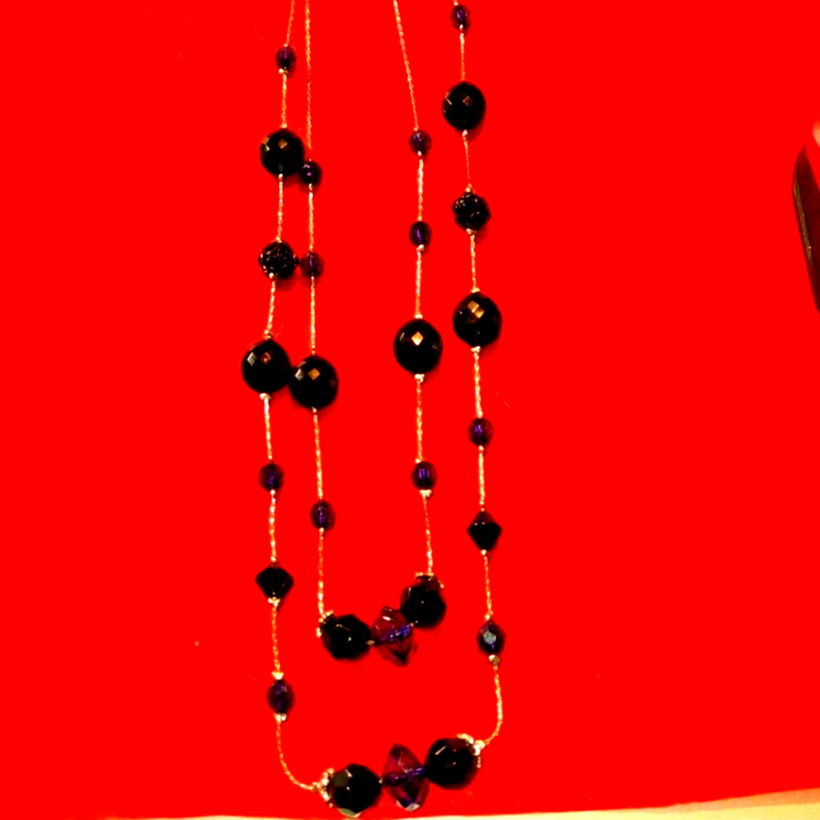 Beautiful vtg. long silver~blue beaded necklace - $15.84