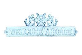 [Pack Of 2] Dark Blue Whitewashed Cast Iron Welcome Aboard Sign with Ship Wheel  - £33.65 GBP