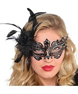 Deluxe Feathered Rhinestone Masquerade Halloween Face Mask Black Metal 1... - $10.95
