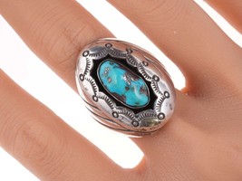 sz11 Vintage Navajo Sterling turquoise stamped shadowbox ring - £193.18 GBP