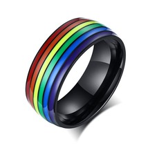 Vnox Unisex Rainbow Lines Ring Classic Stainless Steel Pride LGBTQ Wedding Band  - £7.70 GBP