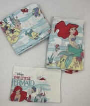 Vintage Disney Little Mermaid Twin Sheet Set Flat Fitted &amp; Pillowcase Ariel 3pc - £25.40 GBP