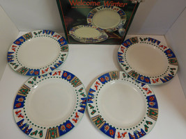Vintage Welcome Winter Christmas Stoneware Dinner Plates 11&quot; Set of 4 Kmart - $42.08