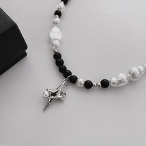 Asymmetric Baroque  Necklace for Women Star Pendant Black White Beads Necklace C - £13.76 GBP