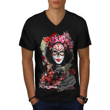 Rose Sugar Dead Skull Shirt Flower Rose Men V-Neck T-shirt - £10.29 GBP