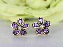 2.50Ct Pear Cut Simulated Amethyst Flower Stud Earrings 14K Yellow Gold Plated - £32.87 GBP