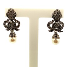 Vintage Sterling Judith Jack Art Deco Drop Pearl with Marcasite and CZ Earrings - £50.26 GBP