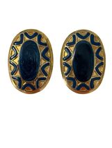 Vintage Blue Enamel Oval Earrings Gold Tone Statement Earrings Retro Geo... - $16.20