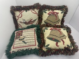 CHRISTMAS THROW PILLOWs 7&quot; tapestry gold bell red &amp; green fringe Riverda... - £10.97 GBP