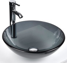 Bathroom Round Glass Vessel Sink Basin In Bluish Grey Crystal With, Up Drain. - £81.30 GBP