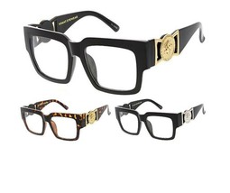 Square Gold Coin Lion Head Buckle Sunglasses Clear Lens Retro Designer Fashion - £7.43 GBP