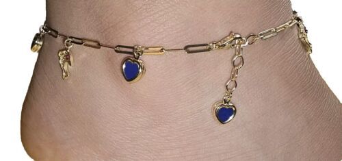Dolphin Blue Heart Dangle Charm Anklet Adjustable Bracelet 10kt Solid Gold Item image 4