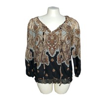 Calessa Peasant Boho Style Black Print Top Blouse M - £18.17 GBP