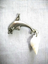 New Mariner Dolphin W Real Whole White Shell Dangle Pewter Pendant Adj Necklace - £6.75 GBP