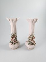 Vtg Pair Of Pink Porcelain Bisque Bud Vases by Lefton 1040 Roses Forget Me Nots - £14.08 GBP