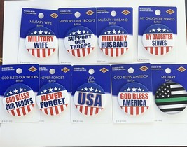 Lot of 9 Mixed Patriotic Buttons God Bless America- Military - Never Forget - £14.91 GBP