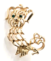 VTG Avon Pekingese Dog Brooch 1972 Gold Tone Green Rhinestone Eyes Anima... - $12.99