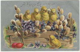 Vintage Postcard Easter Yellow Chicks Violets Eggs Silver Background - £6.35 GBP