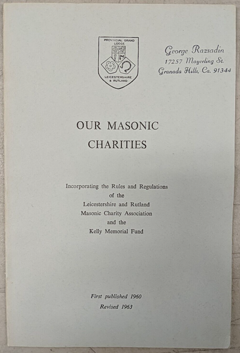 Our Masonic Charities 1963 Pamphlet by S Brown Leicester Rutland Kelly M... - $9.89