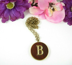 The Letter B Initial Medallion Vintage Necklace Wood Pendant Goldtone Chain 24&quot; - £13.29 GBP