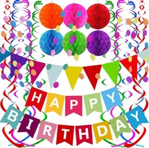 Happy Birthday Banner With Colorful Paper Flag Bunting Paper Circle Confetti Gar - £24.68 GBP