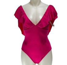 TRINA TURK Swimsuit 1 Piece Ruffle Plunge Neck Women&#39;s Size 10 Fuchsia NEW - £35.65 GBP