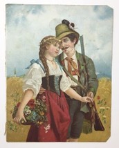 Victorian Era Artwork Print Man w/ Gun Woman Flowers Couple Love Field - $15.00