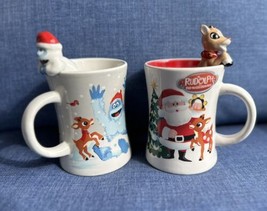 Rudolph &amp; Bumble Sculpted 3-D Figs Climbing Out Of Christmas Mugs Cups N... - £32.94 GBP