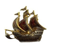 Vintage Damascene Spanish Galleon Ship Pin Brooch Gold Tone Signed Spain - €12,89 EUR