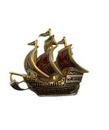 Vintage Damascene Spanish Galleon Ship Pin Brooch Gold Tone Signed Spain - $273.21 MXN
