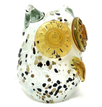 Art Glass Owl Figurine Paperweight 5&quot; Tall Kitschy Handmade Gold Black Confetti - £22.04 GBP