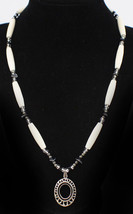Beautiful Vintage Sterling Silver Pendant Bone Beaded Native American Necklace - £79.11 GBP