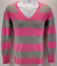 MM) GAP Women&#39;s V-Neck Gray Pink Striped Sweater Small Wool Blend - £7.74 GBP