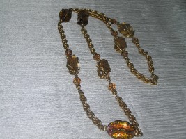 Vintage Double Goldtone Chain with Amber Fused Glass Beads &amp; Dimensional Metal  - £9.64 GBP