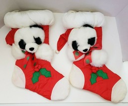 Vintage Santa Panda Bear set of 2 Christmas Stocking red plush nylon 16&#39;&#39; Korea - £29.20 GBP