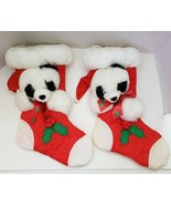 Vintage Santa Panda Bear set of 2 Christmas Stocking red plush nylon 16&#39;... - £29.41 GBP