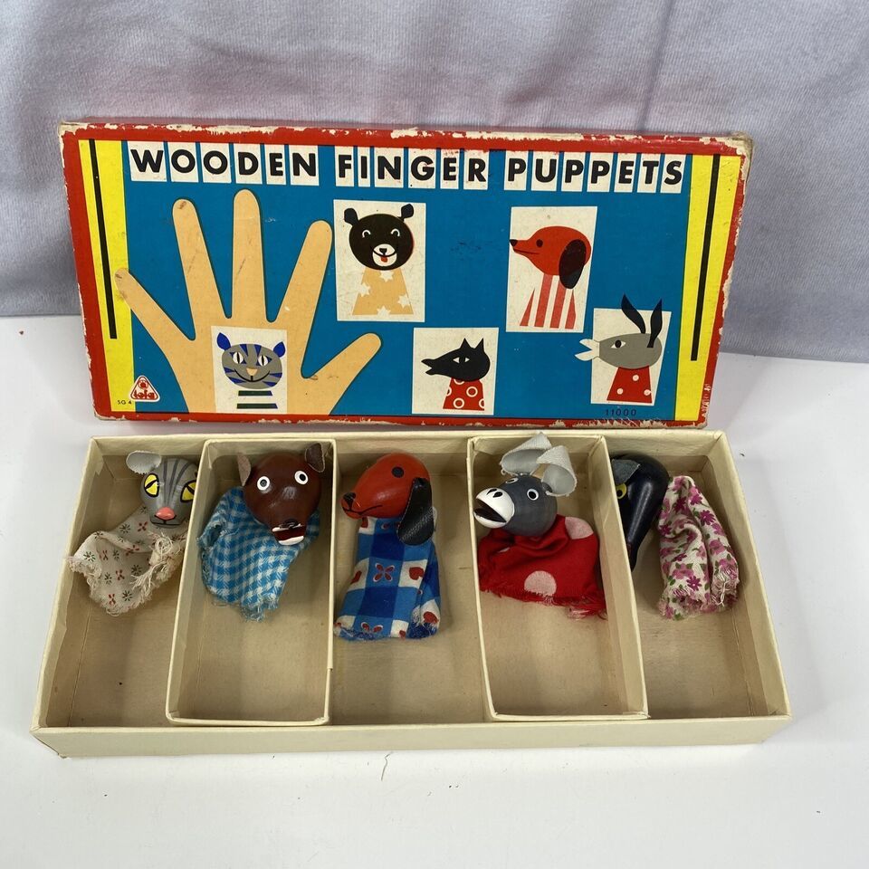 Primary image for Vtg Wooden Finger Puppet Set In Original Box by Tofa Made in Czechoslovakia