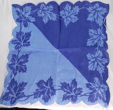 Vintage Linen Leaves Handkerchief Blue White Scalloped Edge - £24.55 GBP