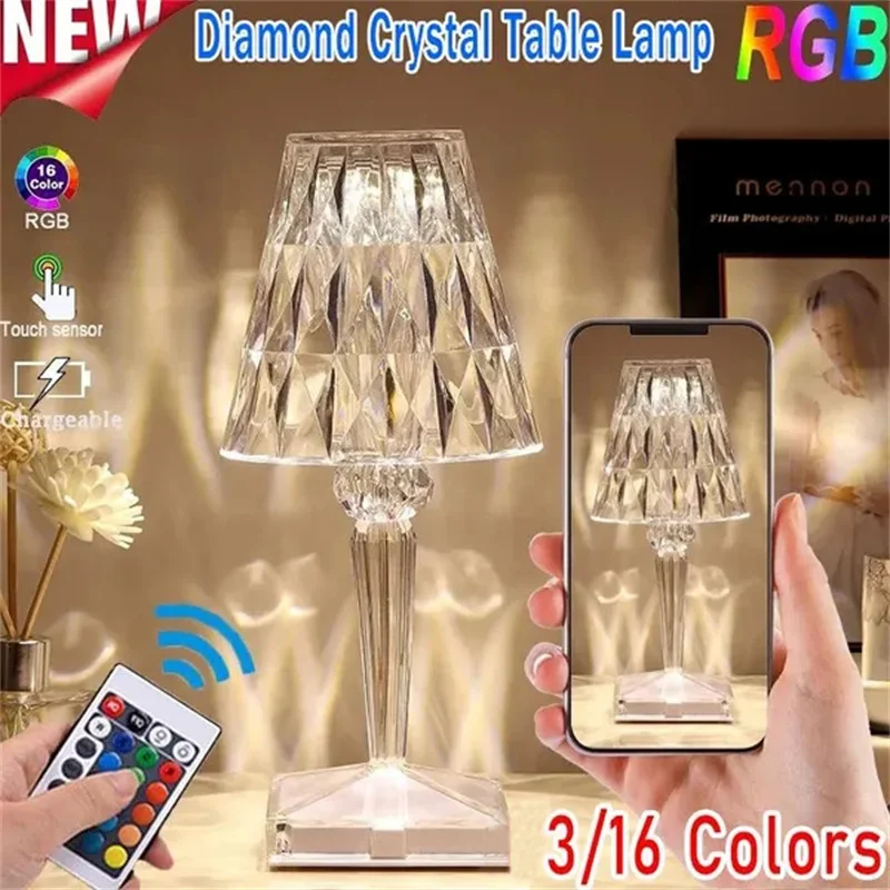 Diamond Table Lamp Acrylic Decoration Desk Lamps for Bedroom Bedside Bar Crystal - £16.87 GBP+