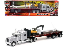 Peterbilt 389 Truck with Flatbed Trailer Silver Metallic with Excavator and Win - £54.53 GBP