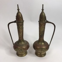 Old Vintage Ornate Brass Ewer Urn Candle Holder Set of 2 India Decorative - £79.12 GBP
